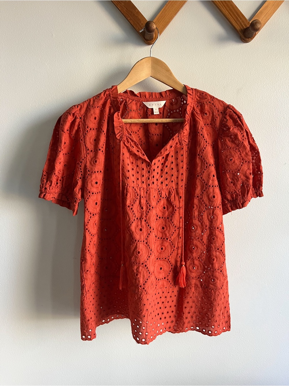 Adiva Orange Eyelet Tie-Neck Puff Sleeve Blouse
